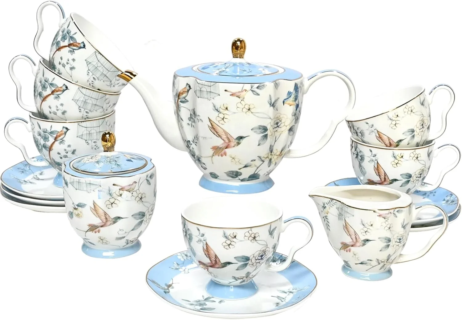 Efficient Bone China Tea Set Porcelain Tea Sets for Adults Blue and White Bone China Tea Cup Set for 6 Vintage Tea Sets for Women Tea Party Genuine
