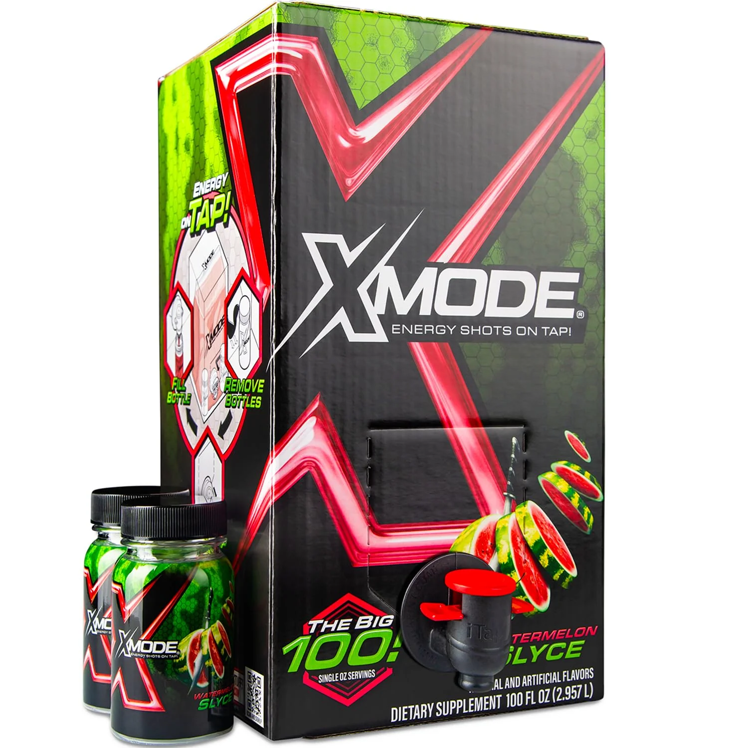 Fast XMODE Energy Shots on Tap Dispenser – 100 1oz Servings with 2 Refillable Bottles Watermelon Slyce Flavor Extra Strength with 150mg Caffeine oz B12 and Sugar Excellent