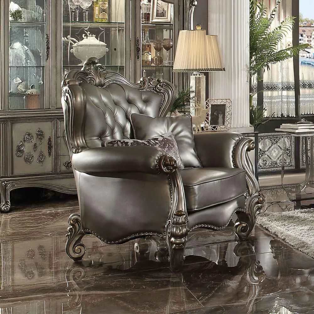 Practical Versailles – Chair With 2 Pillows – Silver Synthetic Leather Antique Platinum Unique