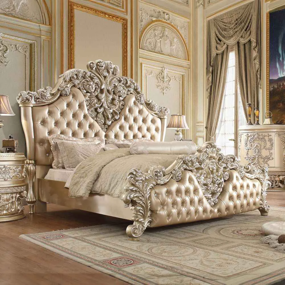 Clean Vatican – Eastern King Bed – Synthetic Leather Light Gold Champagne Silver Sophisticated