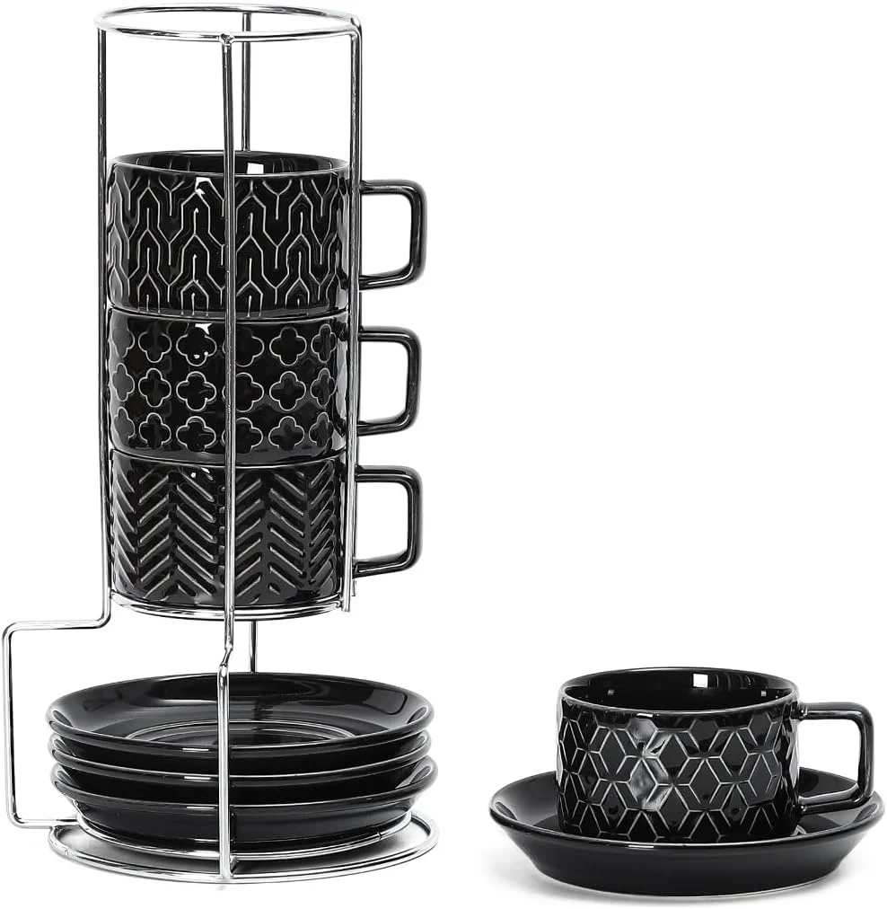 Certified Sureasy Ceramic Espresso Cups Set of 4 – 4 oz Black Stackable Cappuccino Cups with Saucers and Metal Stand Embossed Mugs for Latte Mocha Tea Luxury
