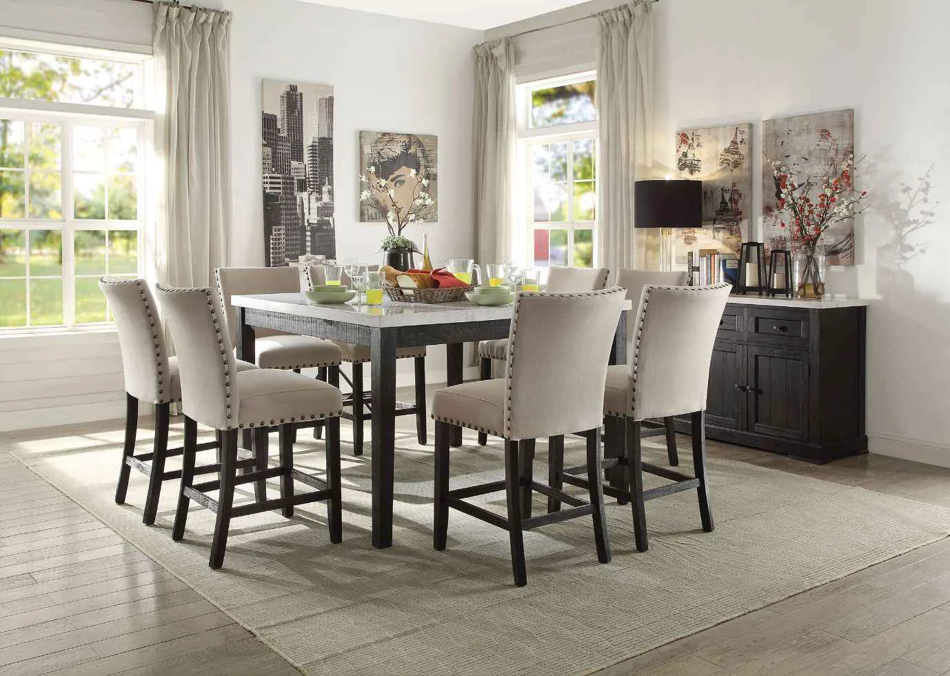 Specialty Nolan – Counter Height Table – White Marble Top Salvage Dark Oak Powerful