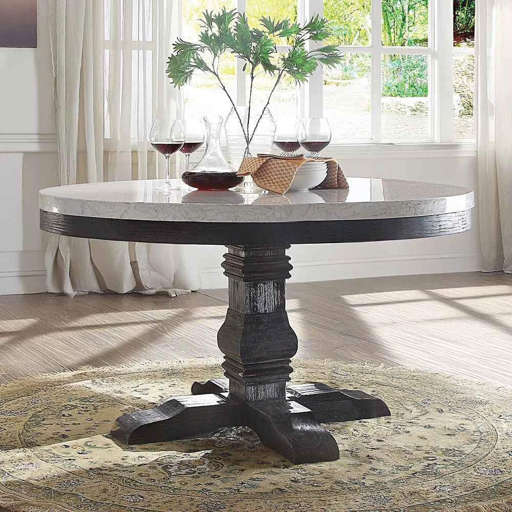 Fast Nolan – Round Dining Table – White Marble Top Salvage Dark Oak Efficient
