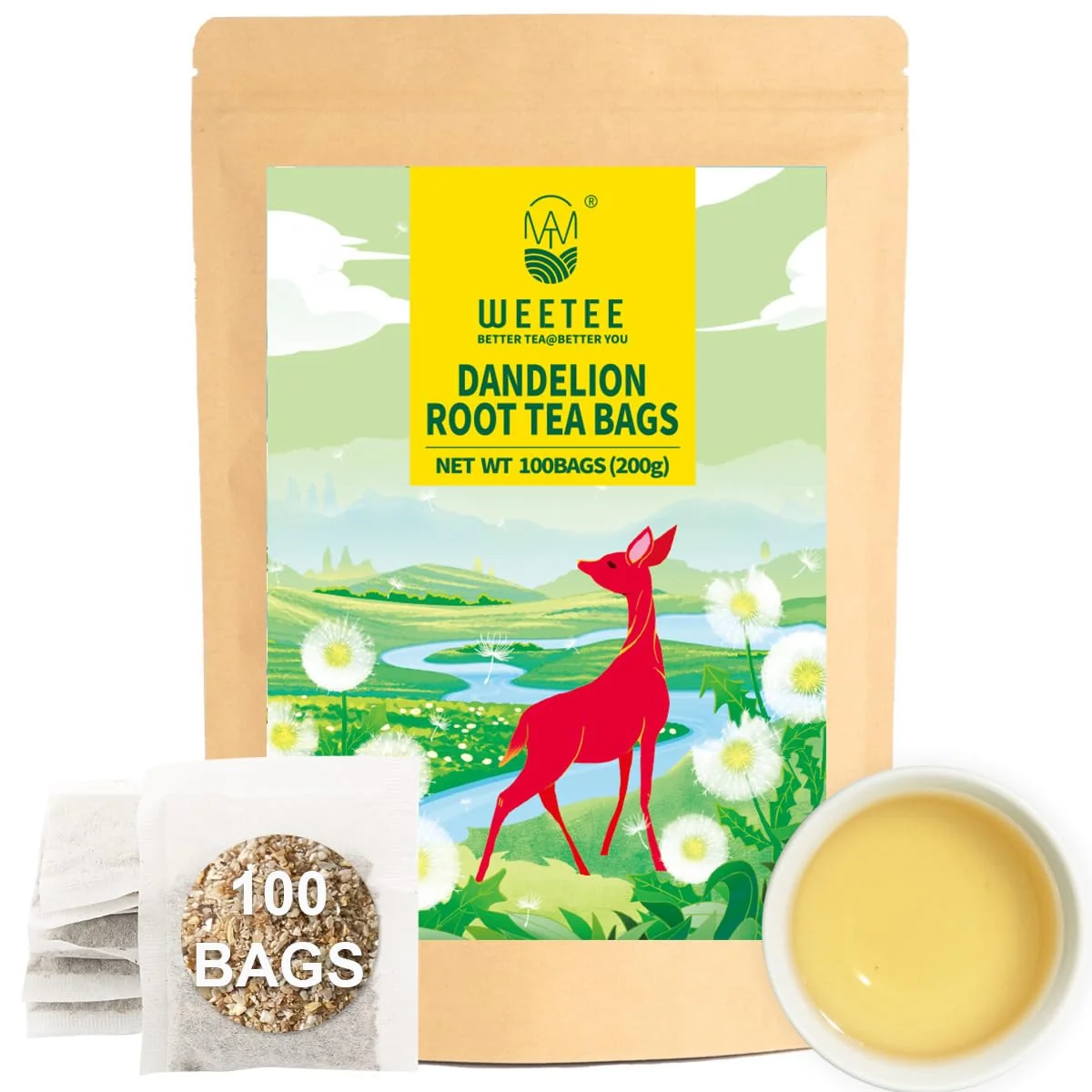 Stylish WT Weetee Raw Dandelion Root Tea Bags 100 Count Premium Dandelion Tea Natural Unprocessed Earthy Flavor Caffeine Herbal Tea Elegant