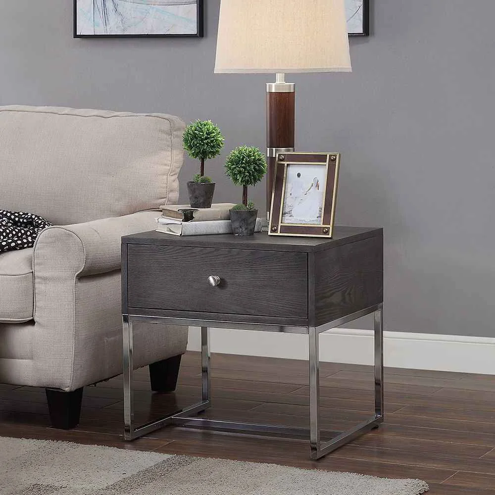 Crafted Iban – End Table – Gray Oak Chrome Detailed
