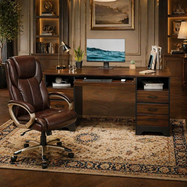 Organic 59 Executive Home Office Desk High Back Swivel Chair Set with Stora Responsible