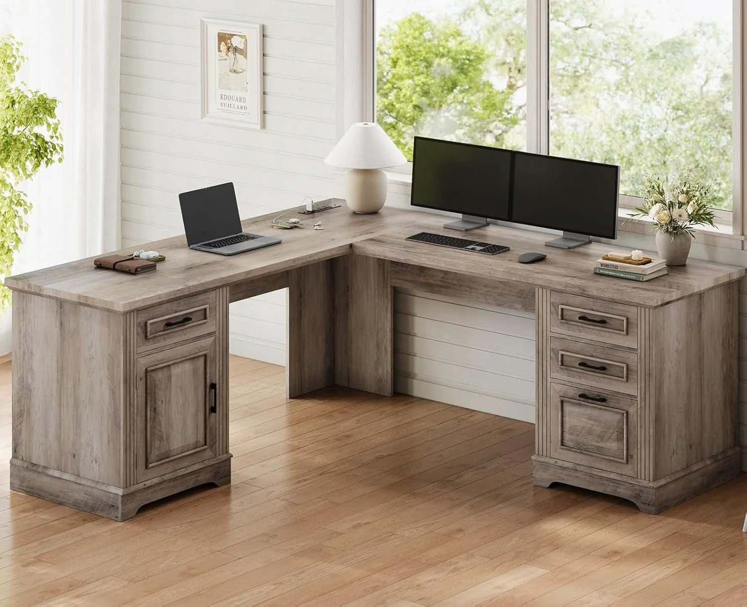 Healthy Grey L Shaped Desk With Power Outlet For Home Office Specialty