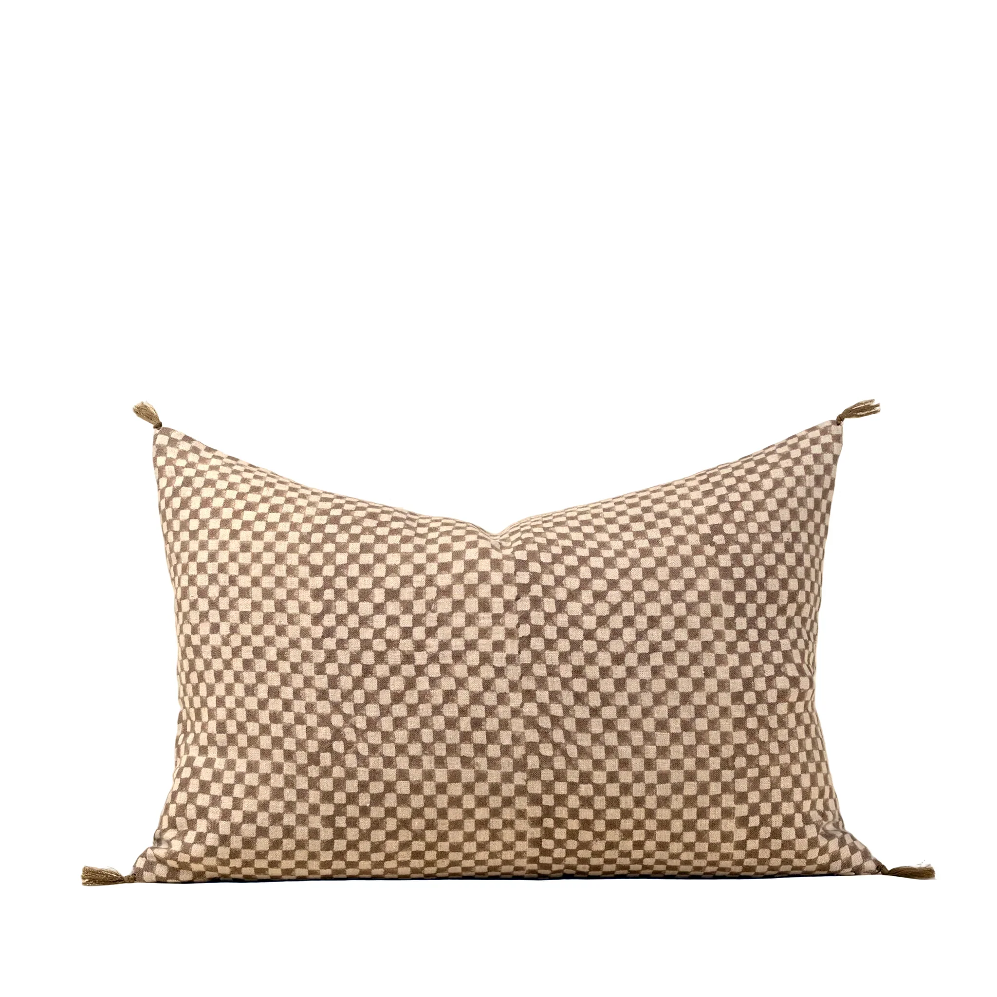 Relaxed Block Print Check Linen Pillow Brown 16×24 Innovative