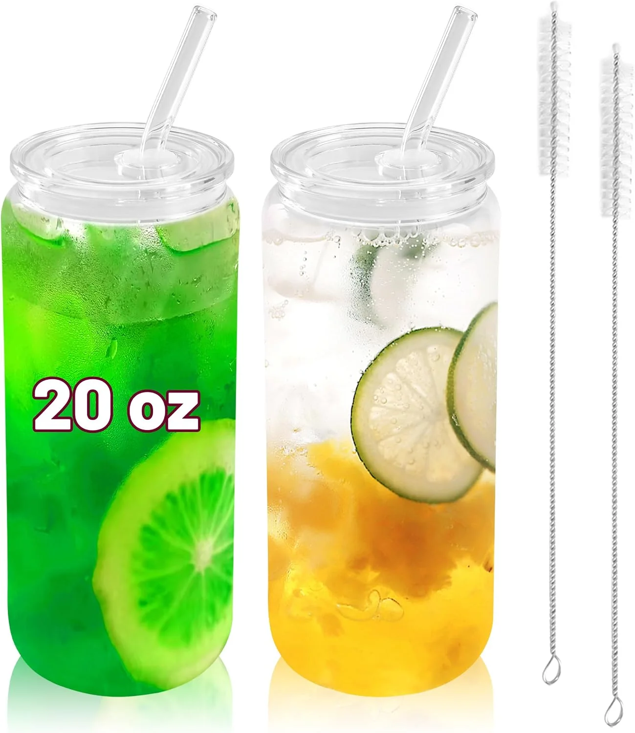 Certified Joyclub 2pcs Glass Cups with Acrylic Lids and Straws 20 oz Drinking Glasses Can-shaped glasses cute glass tumbler include 2 cleaning brushes reusable iced coffee cup for party favors cafe shop gifting High-Grade