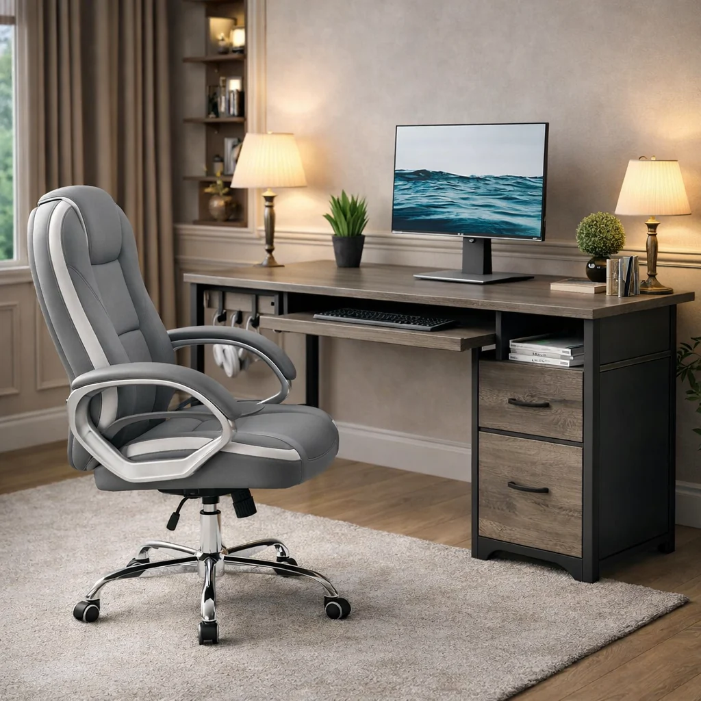 Eco-Friendly Gray 48Inch Ergonomic Office Desk PremiumStorage Chair Efficient