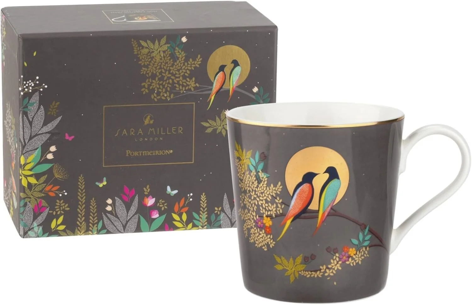Refined Portmeirion Sara Miller Chelsea Mug Dark Grey – Elegant 12oz Fine China Cup with 22K Gold Details – Tea Time Chinaware for Afternoon Tea Presentation Gift-Boxed Drinkware High-Performance