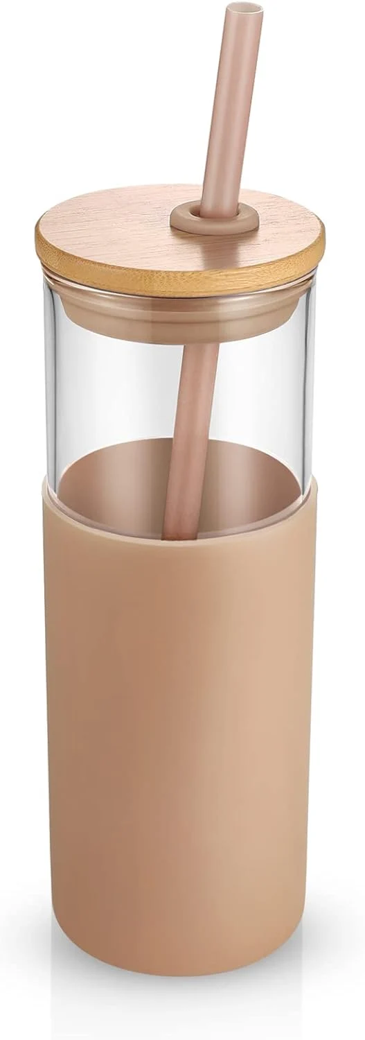 Reusable Tronco 24 oz Glass Tumbler with Straw and Lid – Glass Cup with Lid and Straw Smoothie Cup Iced Coffee Cup Safe