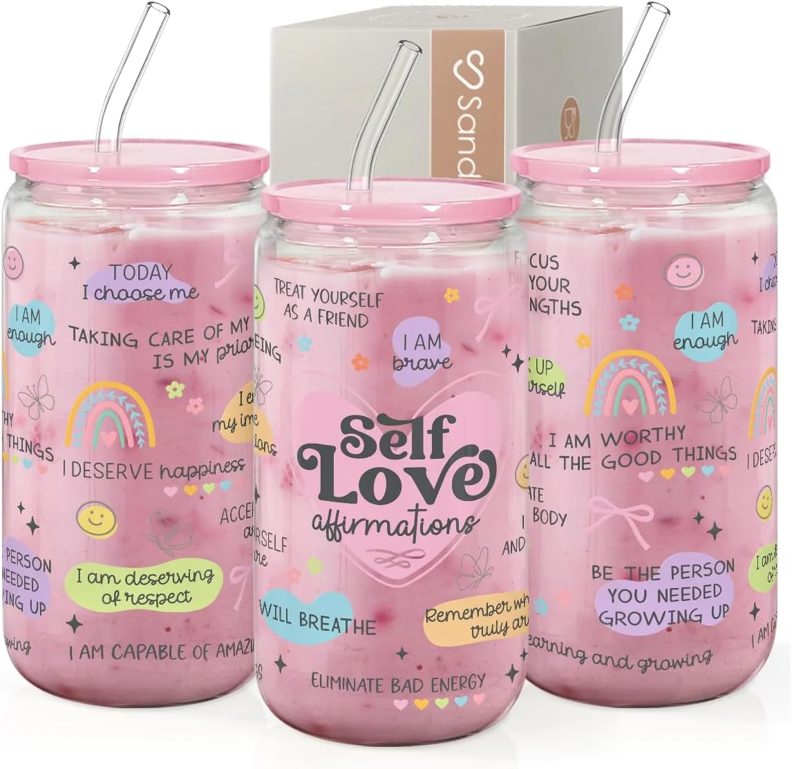 Premium Sandjest Inspiration Glass Can Self Love Iced Coffee Aesthetic Cup Gifts for Christmas Birthday Gift for Women Girls 16oz Top-Quality