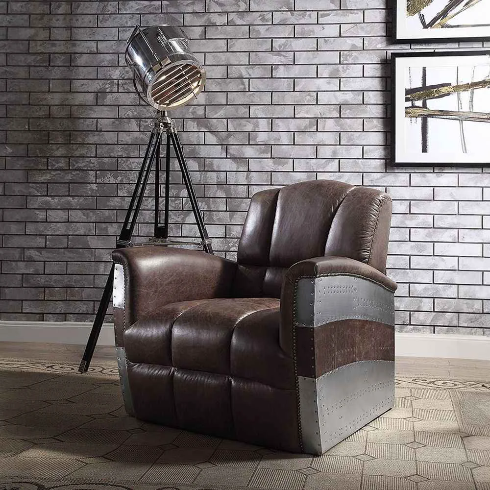 First-Class Brancaster – Accent Chair – Retro Brown Top Grain Leather Aluminum Easy-to-Use