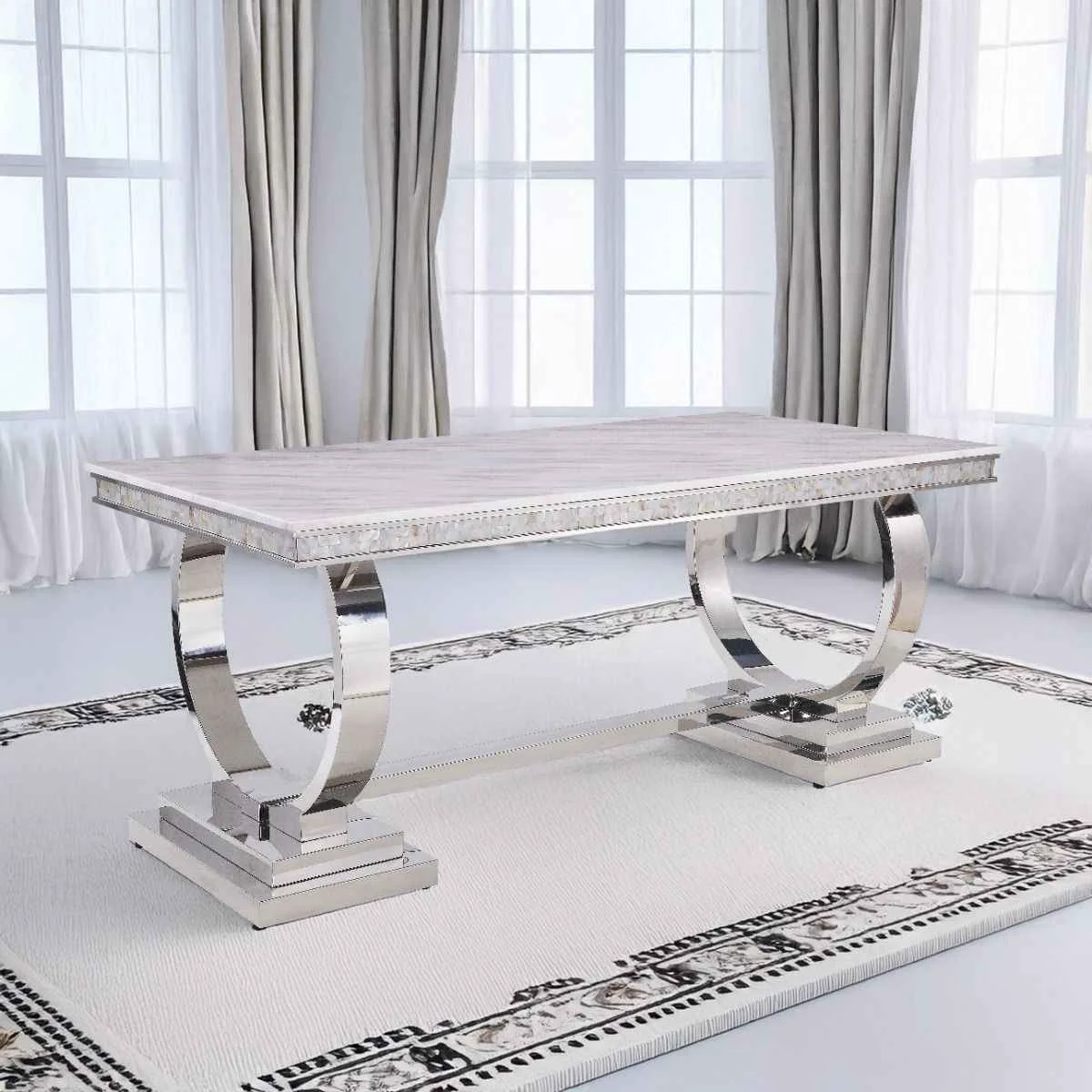 Pure Zander – Dining Table – White Printed Faux Marble Top Mirrored Silver Versatile
