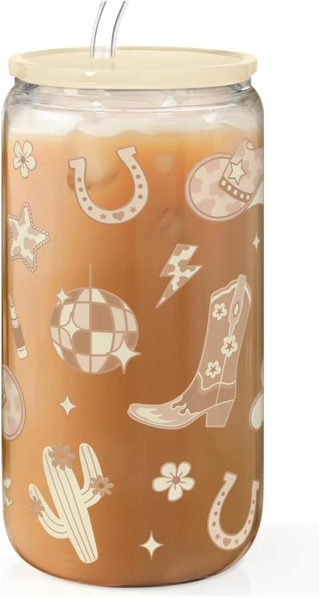 Dependable Western Cowgirl 16oz Can Glass Tumbler with Acrylic Lid Straw Iced Coffee Cup for Women Aesthetic Cups Gifts for Birthday Christmas Efficient