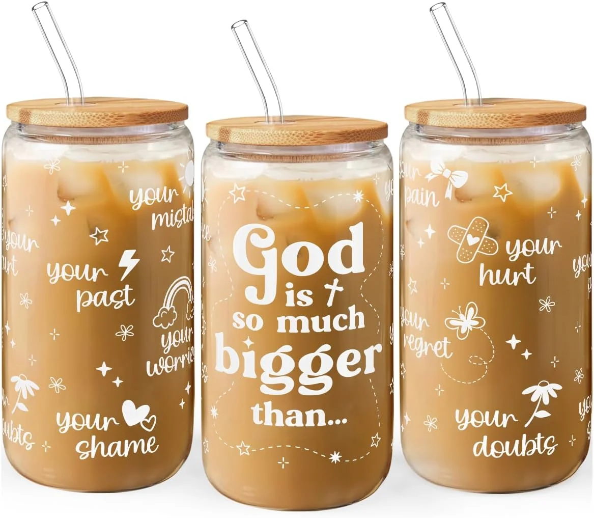 Soft Christian Inspiration16oz Can Glass Tumbler with Bamboo Lid Straw Inspirarional Iced Coffee Cup for Women Girls Functional