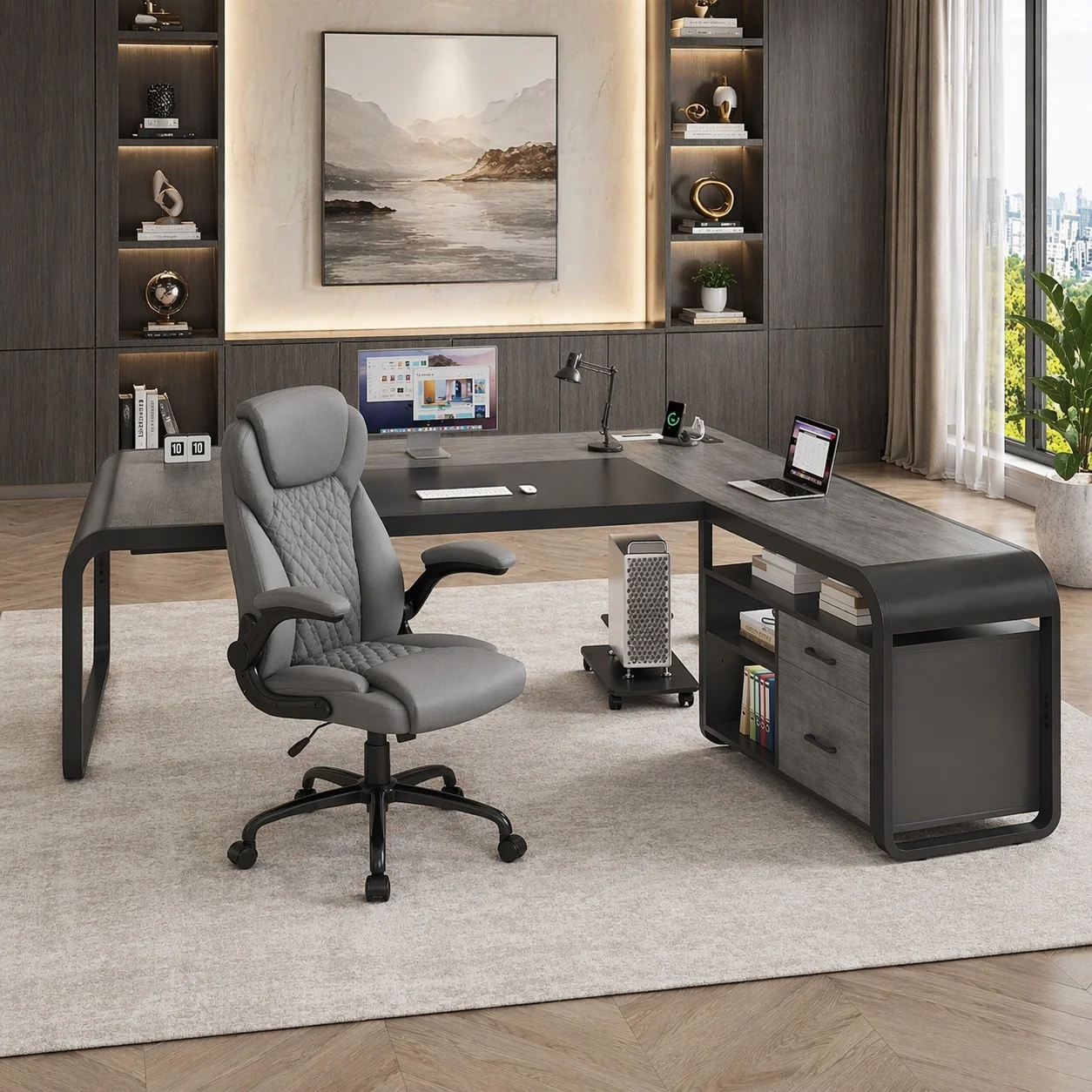 Practical 63 Farmhouse Executive Desk with Storage Cabinet Ergonomic High-Bac World-Class
