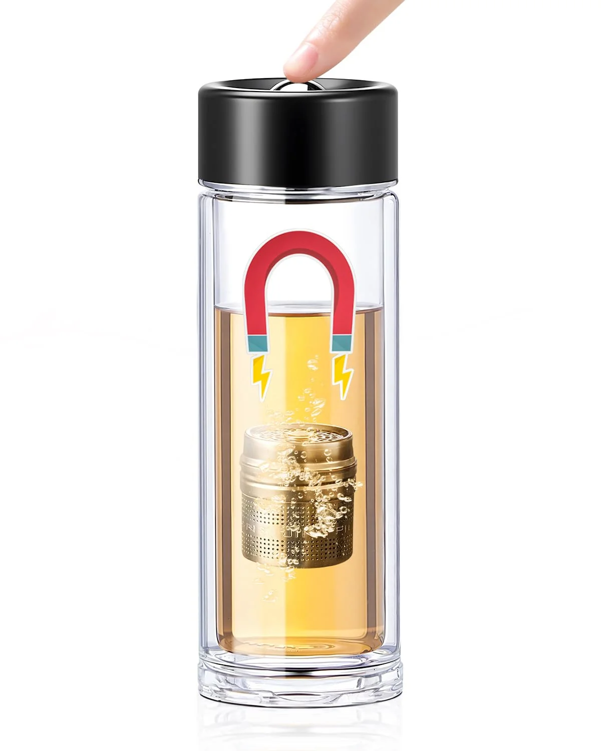 Outstanding MagnaDrop Tea Tumbler – Double Wall Glass Tea Infuser Cup with Magnetic Steep Control amp Bead Switch Leakproof Travel Mug for Loose Leaf 12.5oz Original