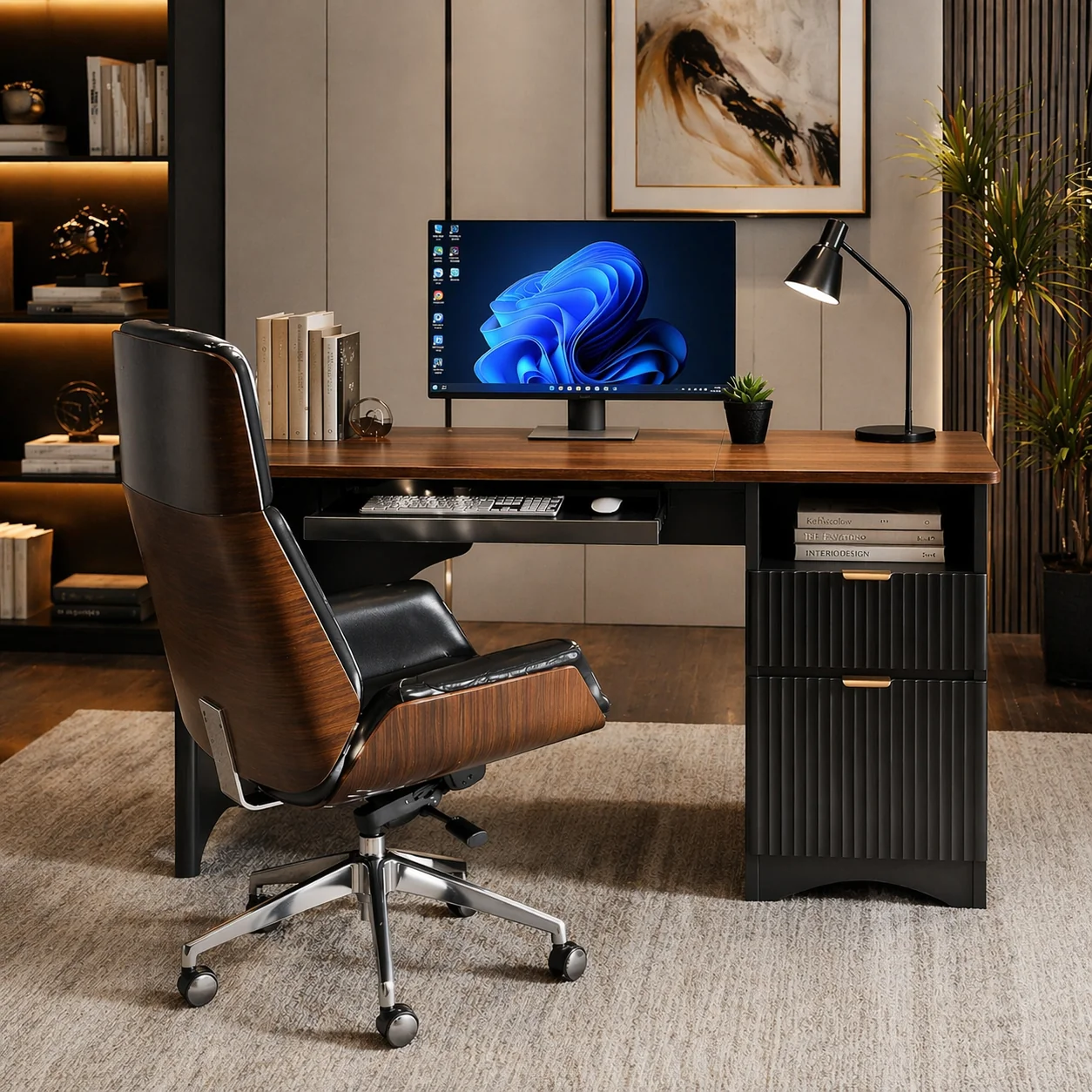 Exclusive 55 Computer Desk with Power Outlet Keyboard Tray Executive Swivel Quality