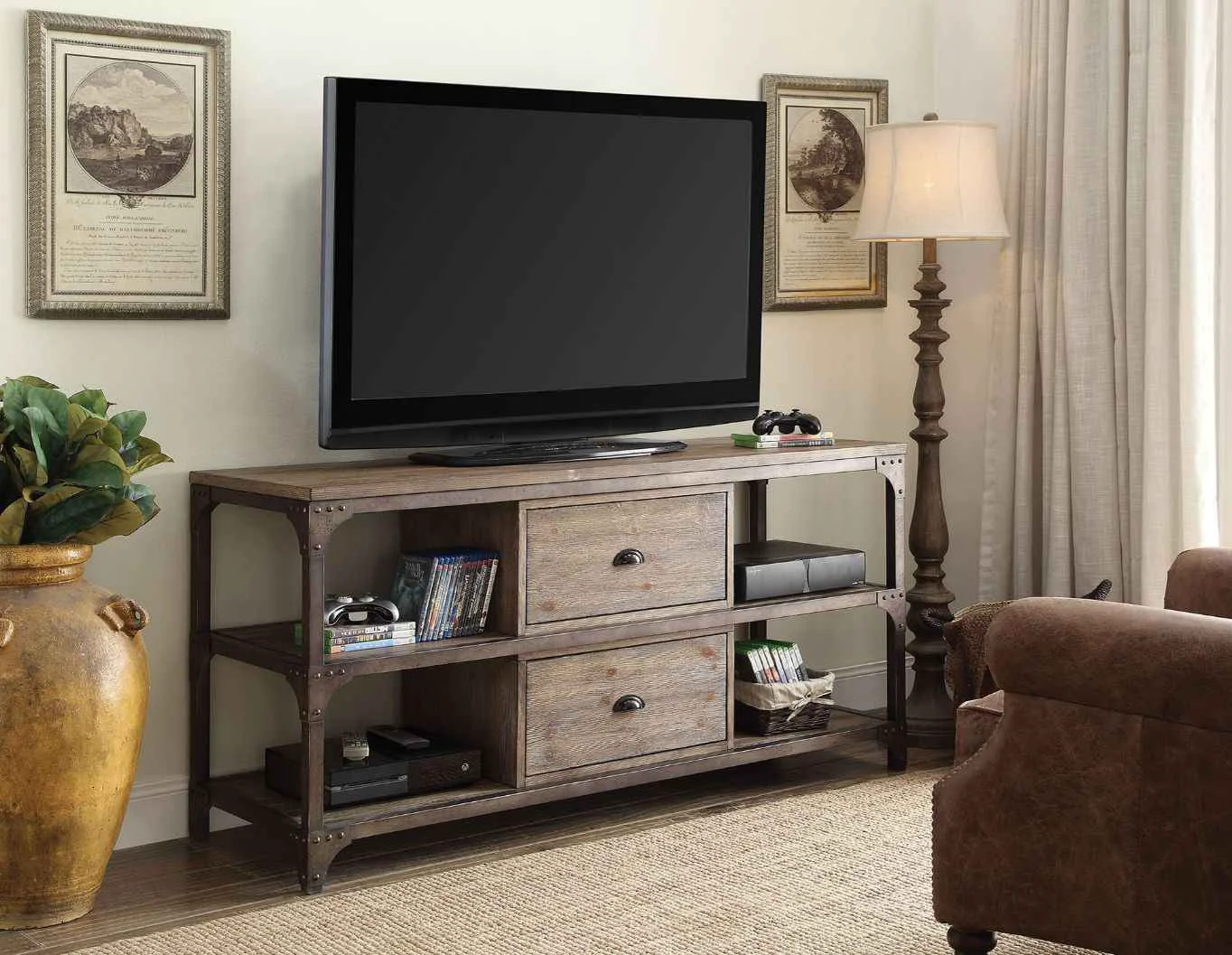 Official Gorden – TV Stand – Weathered Oak Antique Silver Metal Flexible