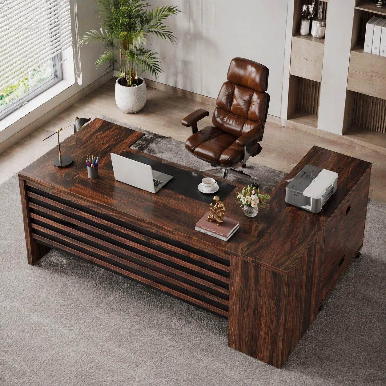 Refined 62.2 L-Shaped Executive Desk Set with File Cabinet Ergonomic High-B Relaxed