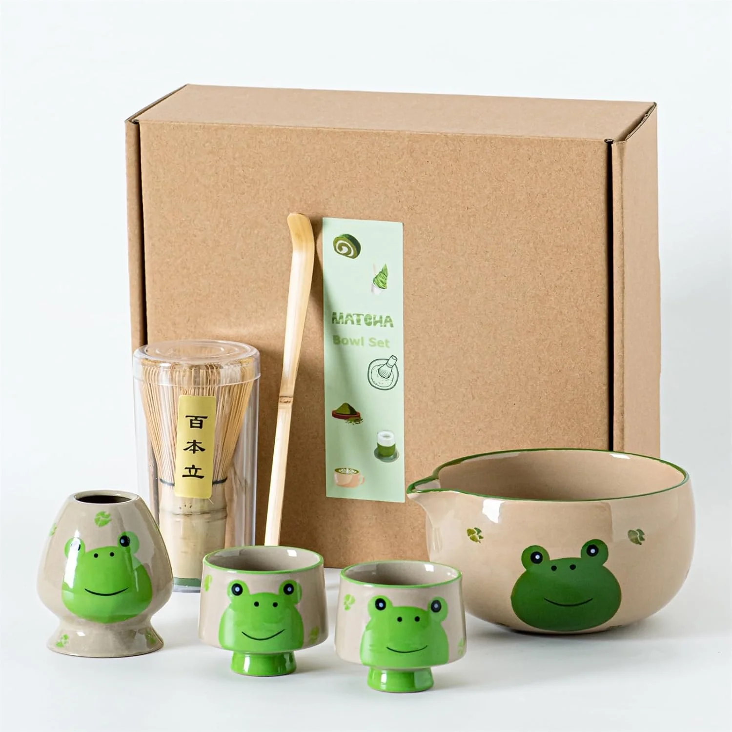 Flexible Frog Matcha Whisk Set Cute Ceramic Matcha Kit with Hand-Painted Bowl with Spout 2 Cups Bamboo Whisk Holder Scoop for Tea lovers and Gift Giving Versatile
