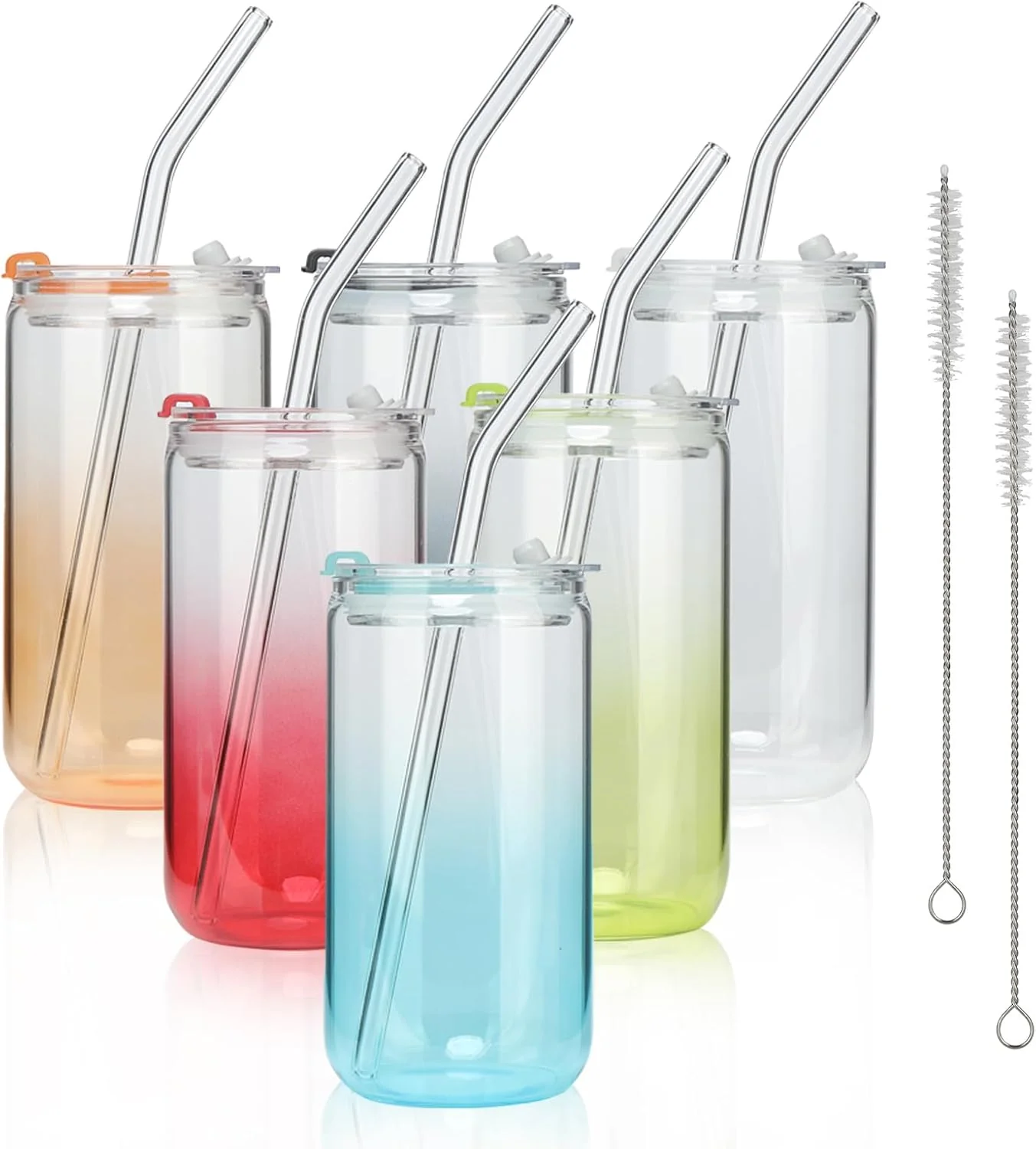 Detailed Comi 6pcs Glass Cups with Lids And Straws Glass Tumbler for Iced Coffee Drinking Glasses with Two Cleaning Brush Glass Drinking Set Specialty