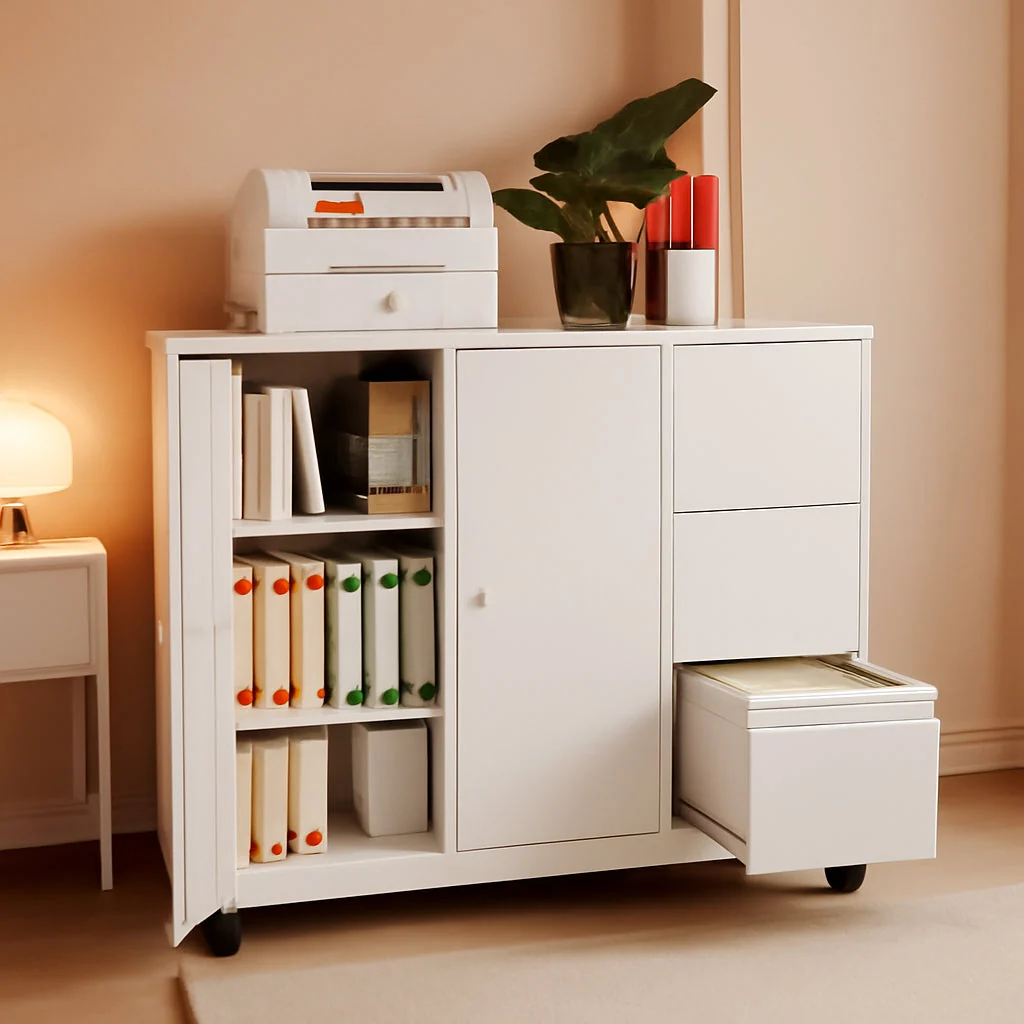 Enhanced Forty Seven Inch Brilliant White Finish Rolling File Cabinet Fine Crafted