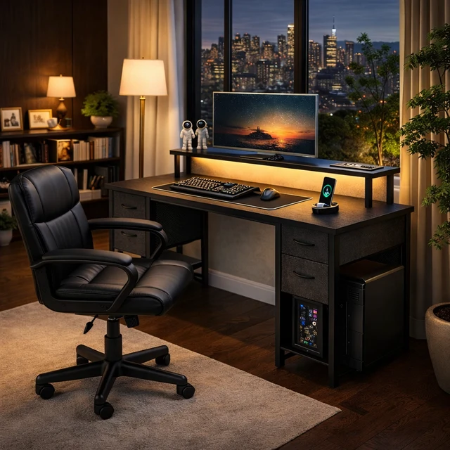 High-Grade 47 Inch Black Computer Desk with 4 Drawers LED Lights Power Hub and Breathable