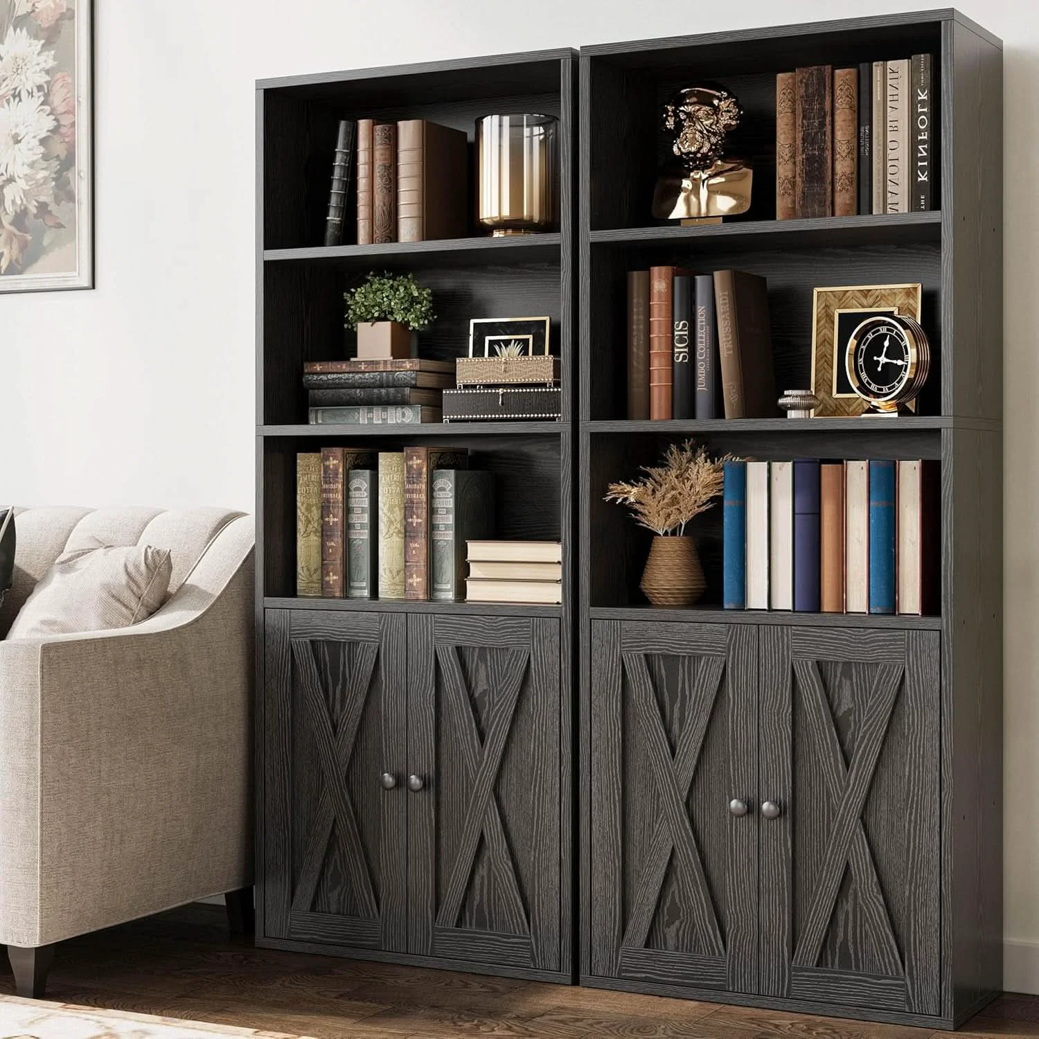 Modern Industrial Floorstanding Five Shelf Bookcase With Doors Natural