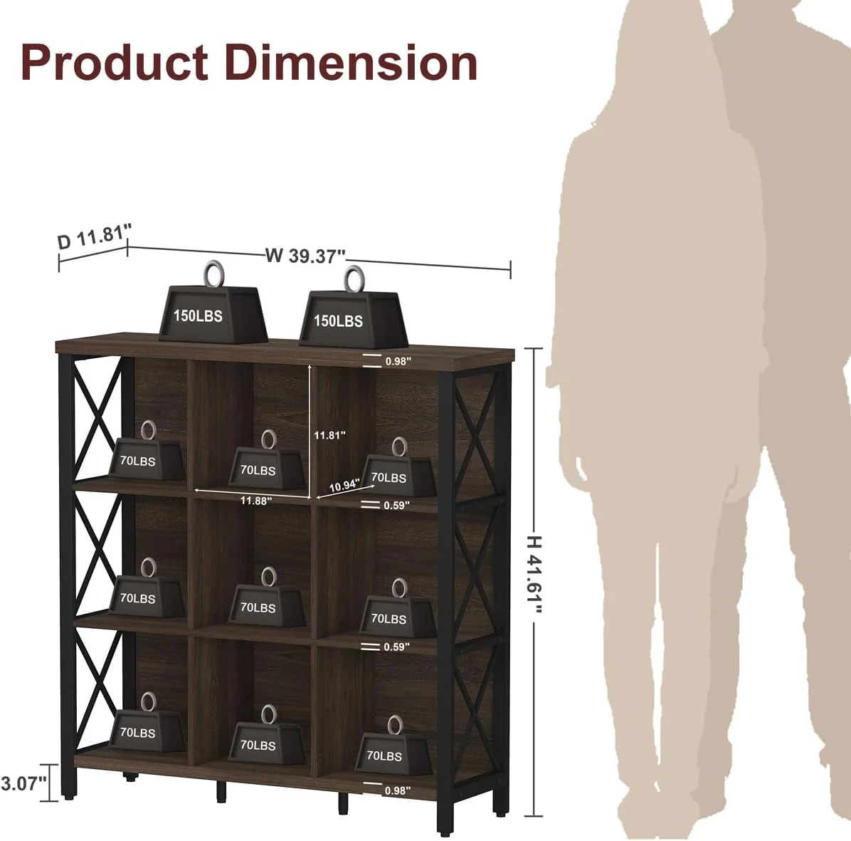 Sustainable 9Cube Farmhouse Bookcase Dark Walnut Wood Storage Exclusive