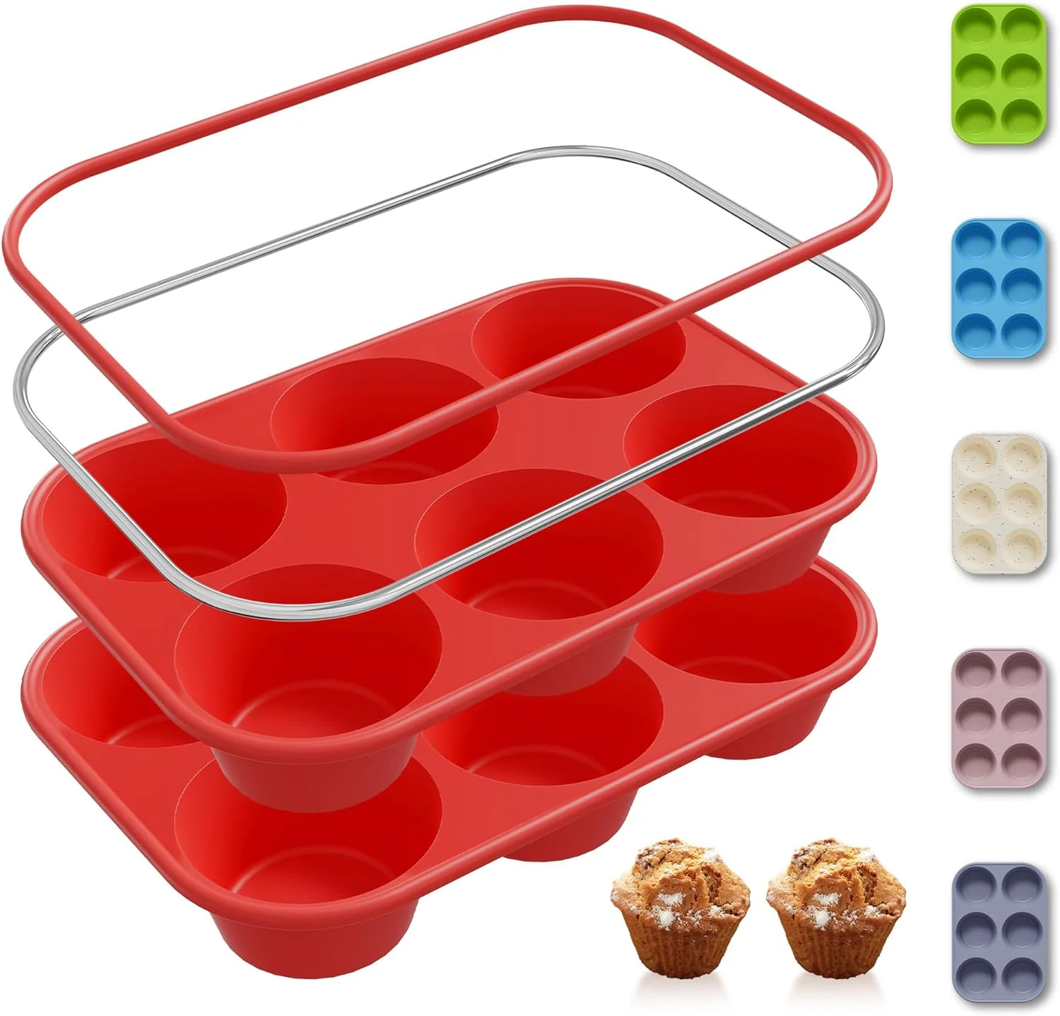 Next-Generation 2 Pack 6 Cups Silicone Mini Muffin Pan with Metal Reinforced Frame Silicone Molds Cupcake Cake Baking Pans Cookie Baking Chocoflan Cupcake Mold Cake Flexible