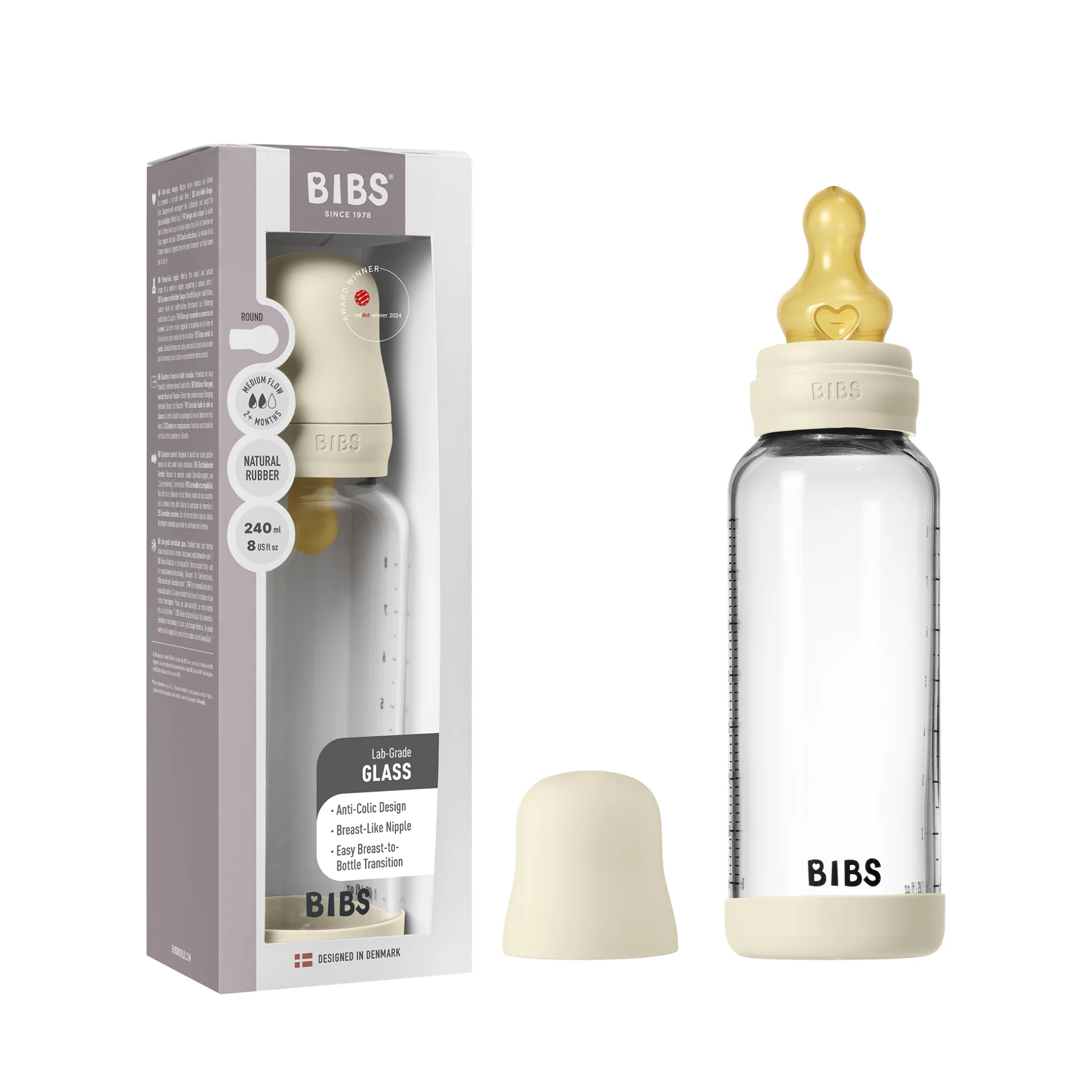Superior BIBS Glass Baby Bottle with Natural Rubber Nipple Set – Medium Flow 2 Months Secure