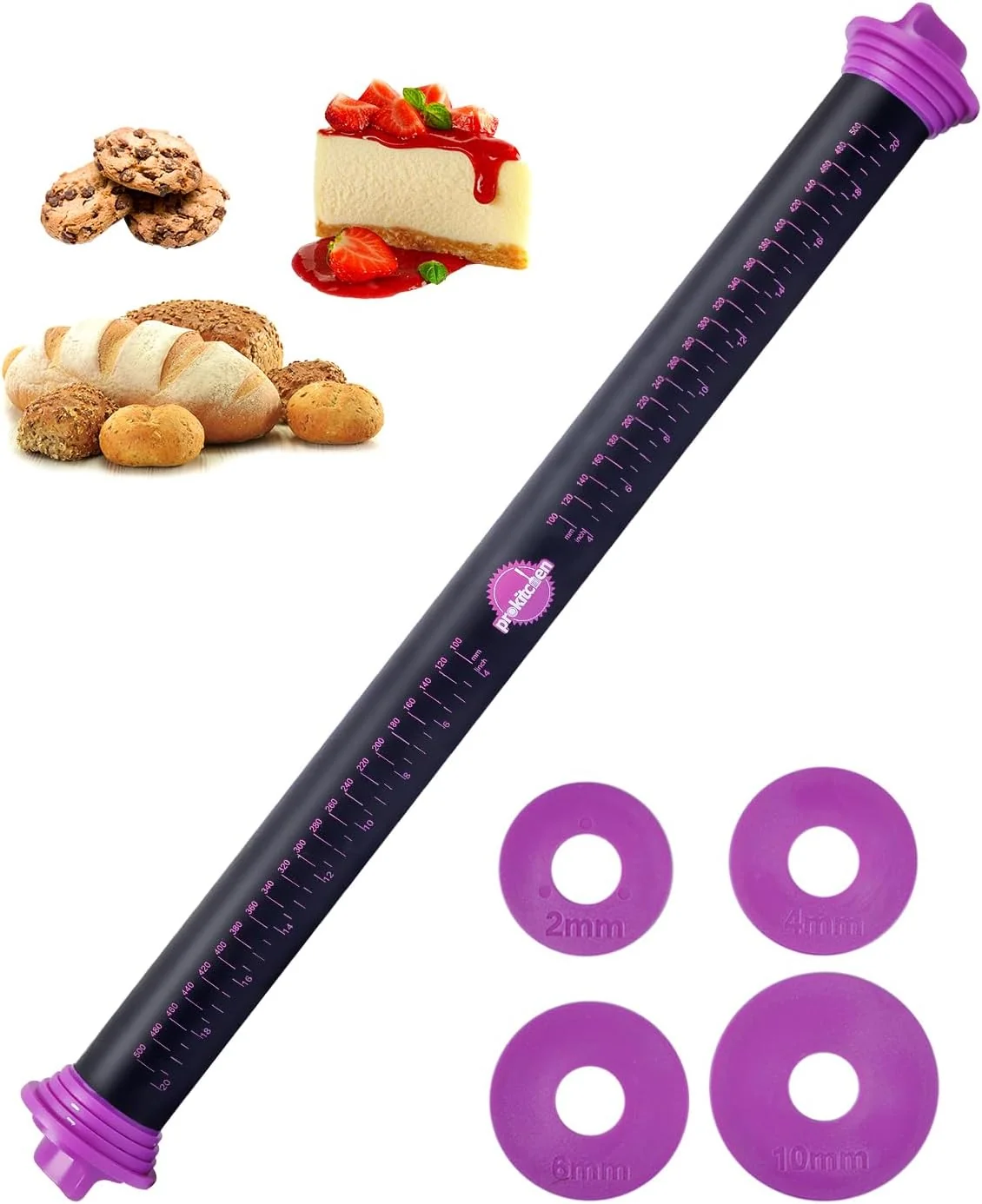 Contemporary Silicone Rolling Pin with Thickness Rings Adjustable Designs for Fondant Cookie Decorating Pasta Pizza 23.6 inch Purple Large Long Pin Modern