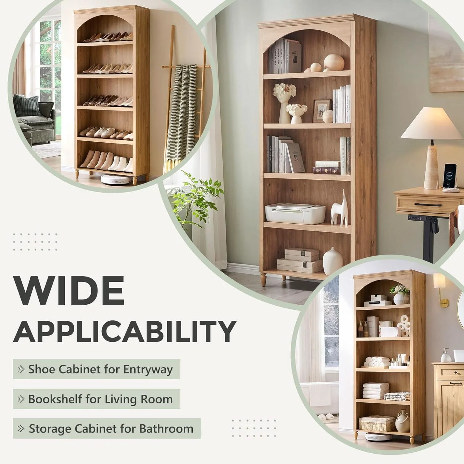 Expertly Made 76 Inch Tall Arched Bookcase With Adjustable Shelves Long-Lasting