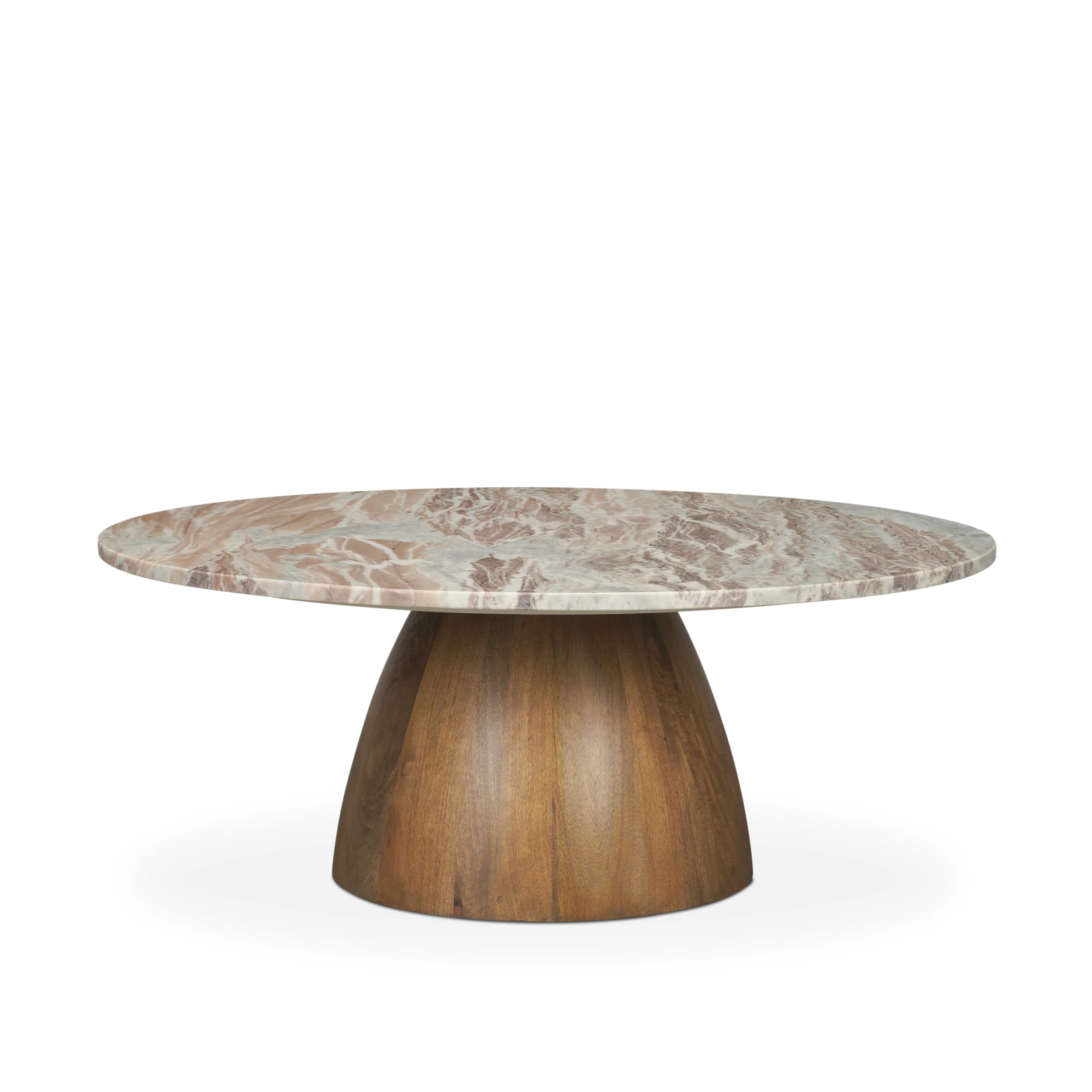 Stylish Allyson Round Brown Pedestal w Savar Pink Marble Top Coffee Table Pure