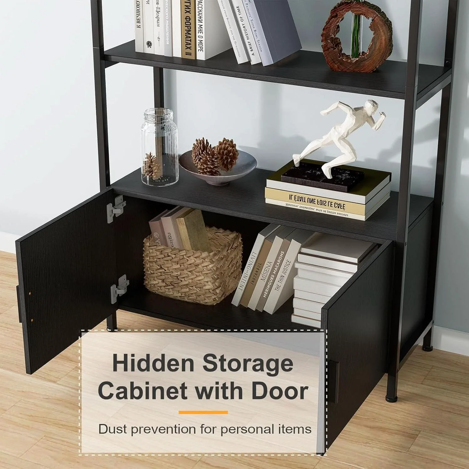 Breathable Arched Bookcase With Doors 71 Inch Industrial Black Detailed
