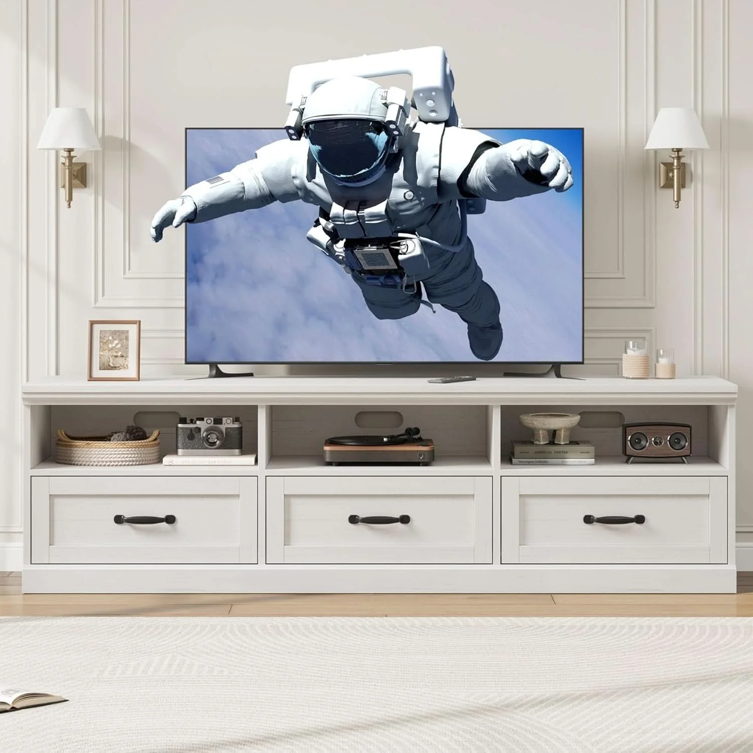 Classic 70 Inch TV Stand Antique White Entertainment Center Functional