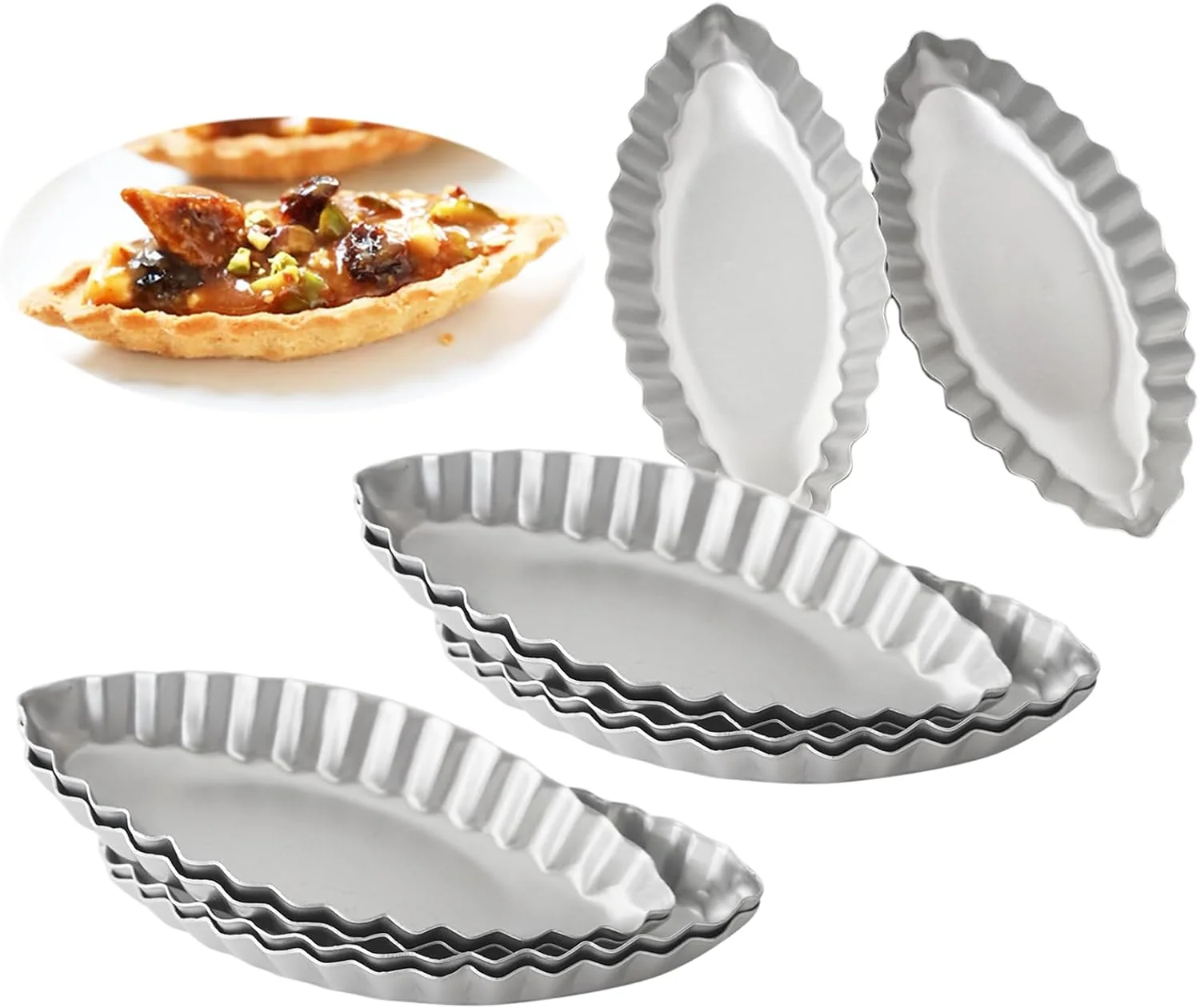 Environmentally Friendly Aluminum Boat Tart Pan Fluted Oval Baking Mold Small Wavy Tartlet 10-Pack Flower Edge Tart Tins Pudding Tray for Small Desserts Quiches Pudding 4.69 x 2.24 x 0.67 Inch Specialty