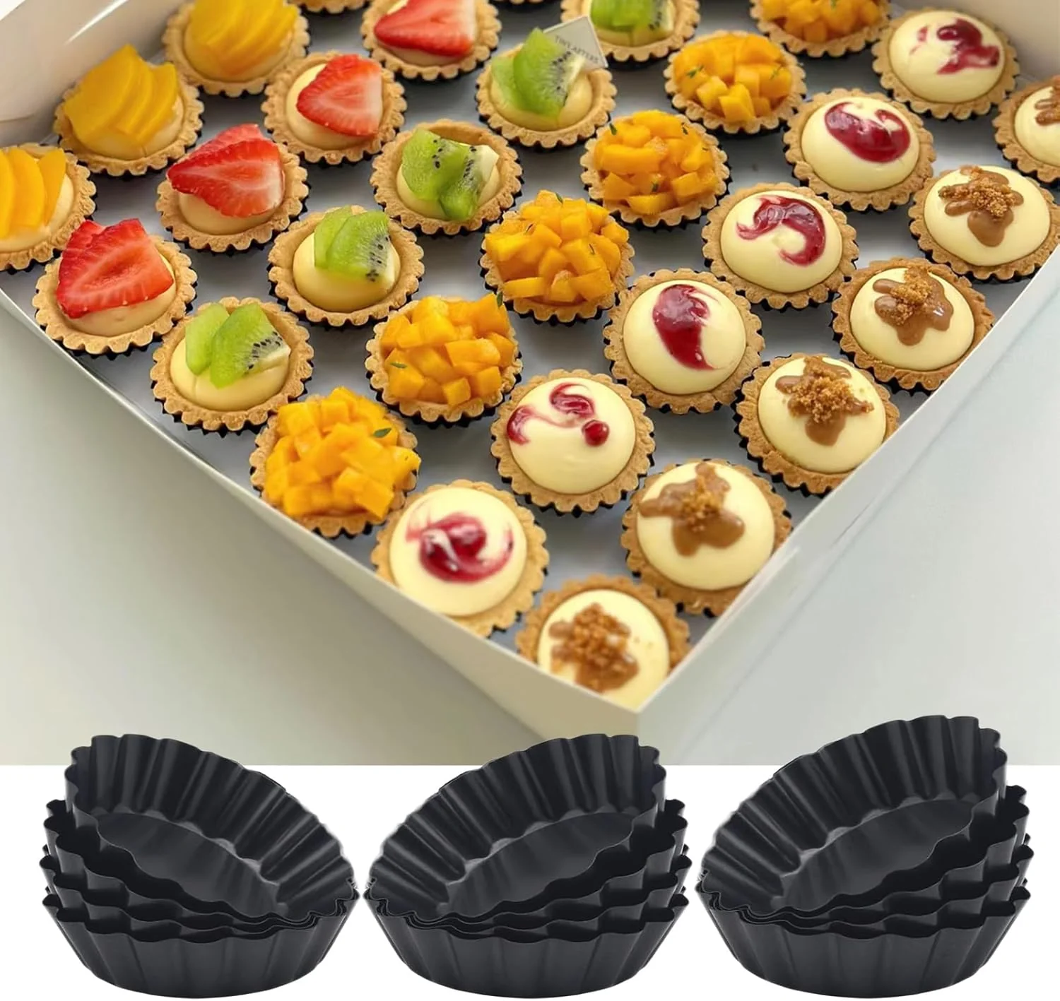 Powerful 3 Inch Mini Quiche Pans 12 Pack Round Egg Tart Molds with Removable Bottom. Small Tart Pans w Non-Stick Coating Rugged Carbon Steel for Tartlets Top-Quality