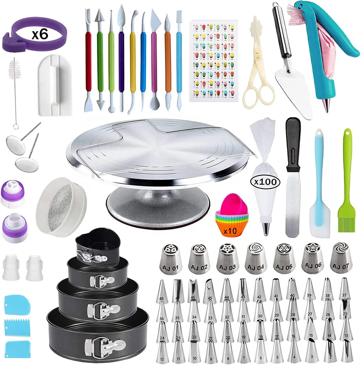 Classic 204 PCS Cake Decorating Kit Aluminum Rotating Turntable Stand Baking Supplies Kit Set with 4 Springform Pan Sets 55 Icing Piping Nozzles Proven