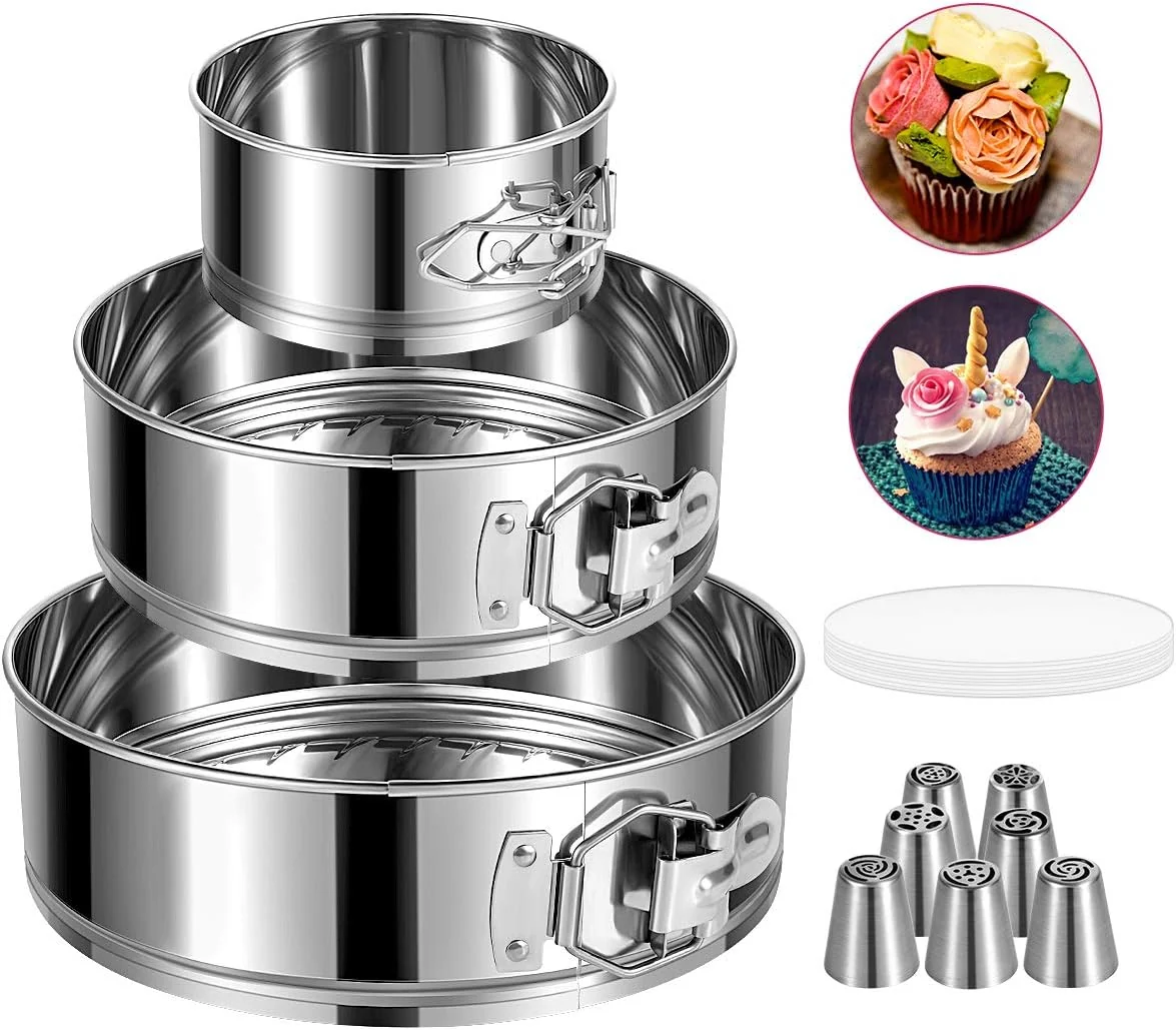 Sophisticated Springform Pan Stainless Steel Springform Cake Pan Leakproof amp Nonstick Cheesecake Pan 4 7 9 Round Cake Molds with 50 Pcs Paper Liners and 7 Pcs Piping Tips Recyclable