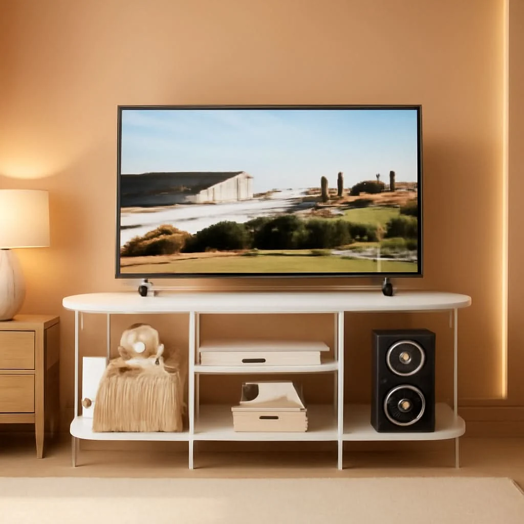 Crafted White Metal TV Entertainment Console With Storage Shelf First-Class