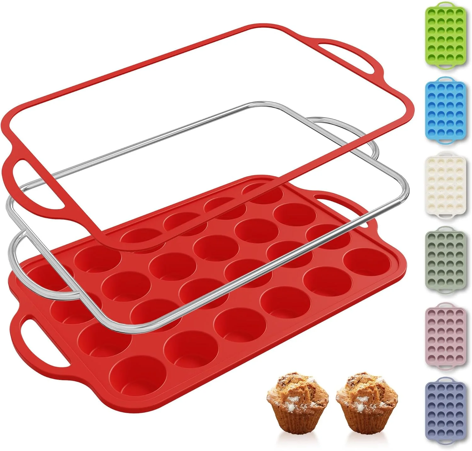 Clean 24 Cups Silicone Muffin Pan with Metal Reinforced Frame Mini Size Cupcake Pan Tray Egg Bites Silicone Circle Cookie Molds Muffin Tin Tart Pans Baking First-Class