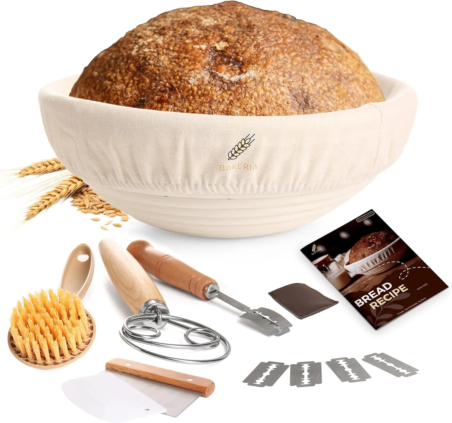Elegant Bakeria 9 Banneton Proofing Basket Kit Round – Sourdough Bread Making Set with Danish Whisk Bread Lame 5 Blades 2 Scrapers Brush Solid
