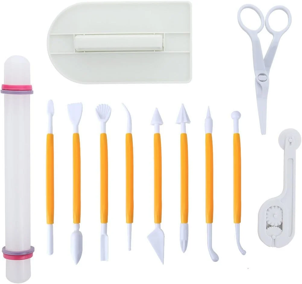 Green Marshmallow Fondant Cake Decorating Hand Tool 12 Pcs 5 Sets Sugar craft Gum paste Icing Smoother Rolling Pin Trimmer Cutter Embosser Flower Scissor Innovative