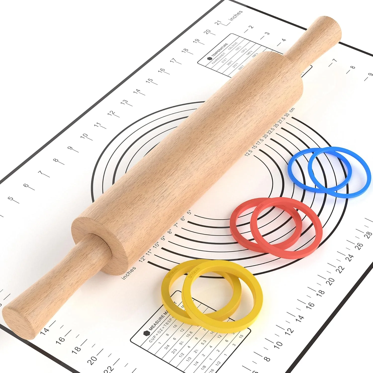 Original Classic Wooden Rolling Pin with Handle and Pastry Mat for Fondant Pizza Pies Cookies Rolling Pin for Baking with 3 Multi-Color Thickness Rings Prestigious