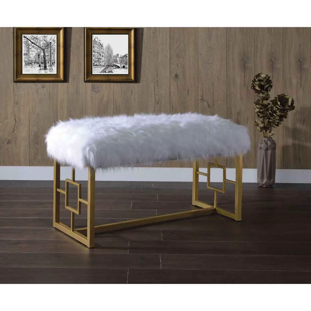 Flexible Bagley II – 21 Bench – White Faux Fur Gold Fine Crafted