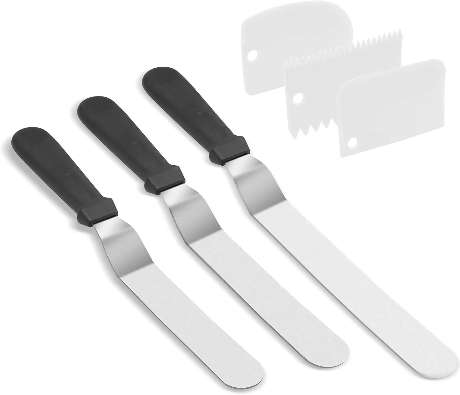 Excellent Stainless Steel Icing Spatulas Angled Cake Spatulas with 3 Cake Smoother Scrapers- Professional Frosting Offset Spatula Set with 6 8 10 inch Blades for Cake Decorating Safe